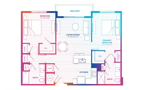 Floor plan for 2 beds, 2 baths, 1095 sqft
